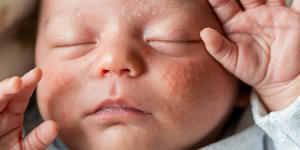 Pukkeltjes bij een baby verschijnen meestal op de wangen, kin, neus en het voorhoofd.