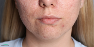Acne kan zichtbare littekens in het gezicht achterlaten, zoals op deze afbeelding te zien is.
