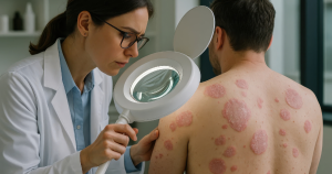 Een dermatoloog beoordeelt psoriasisplekken om te bepalen welke behandeling het meest geschikt is.